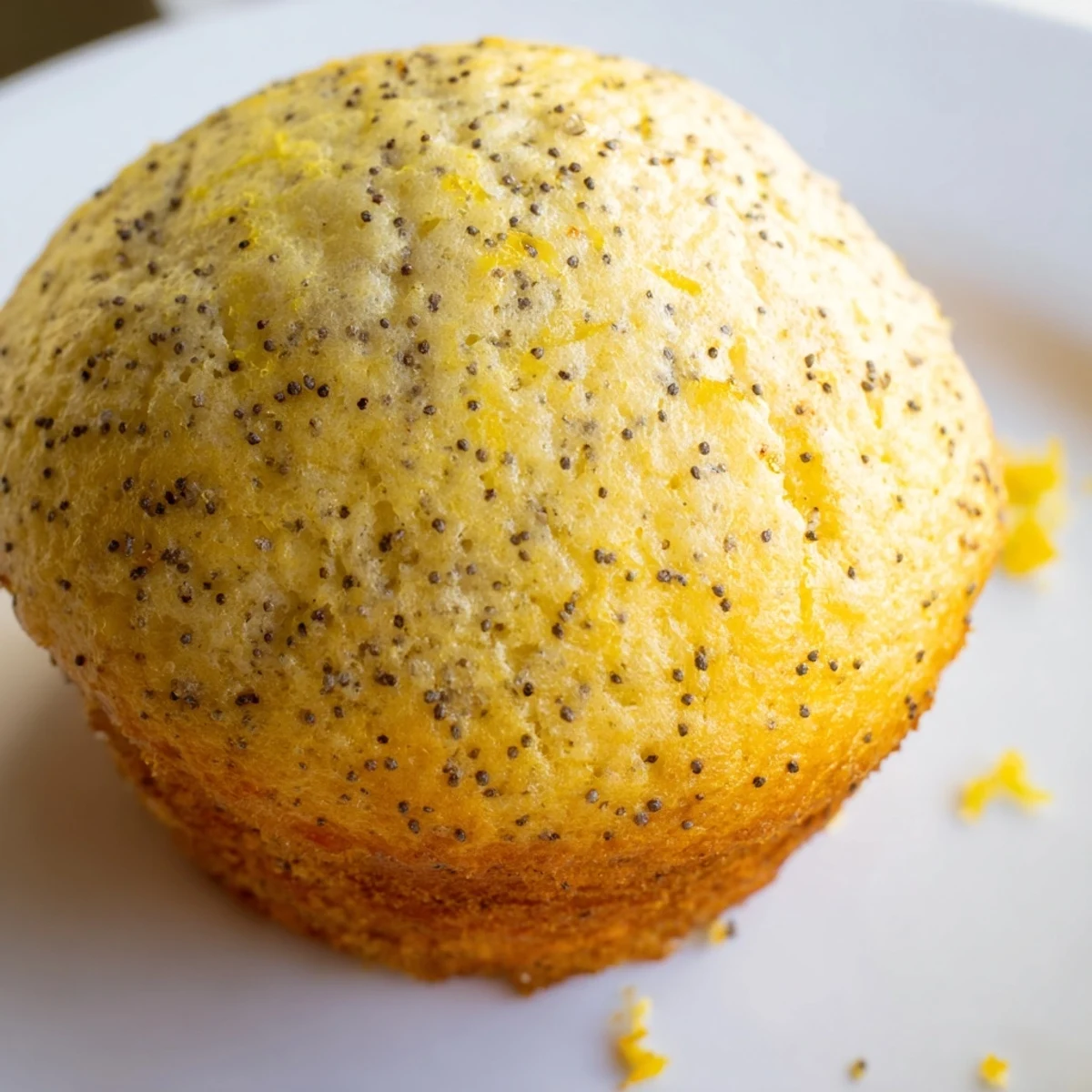 Moist lemon poppy seed muffins flecked with zest arranged on a rustic ceramic serving plate