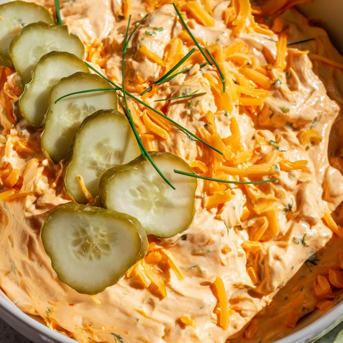 Creamy buffalo pickle dip in a serving bowl surrounded by crispy chips and fresh veggie sticks for dipping