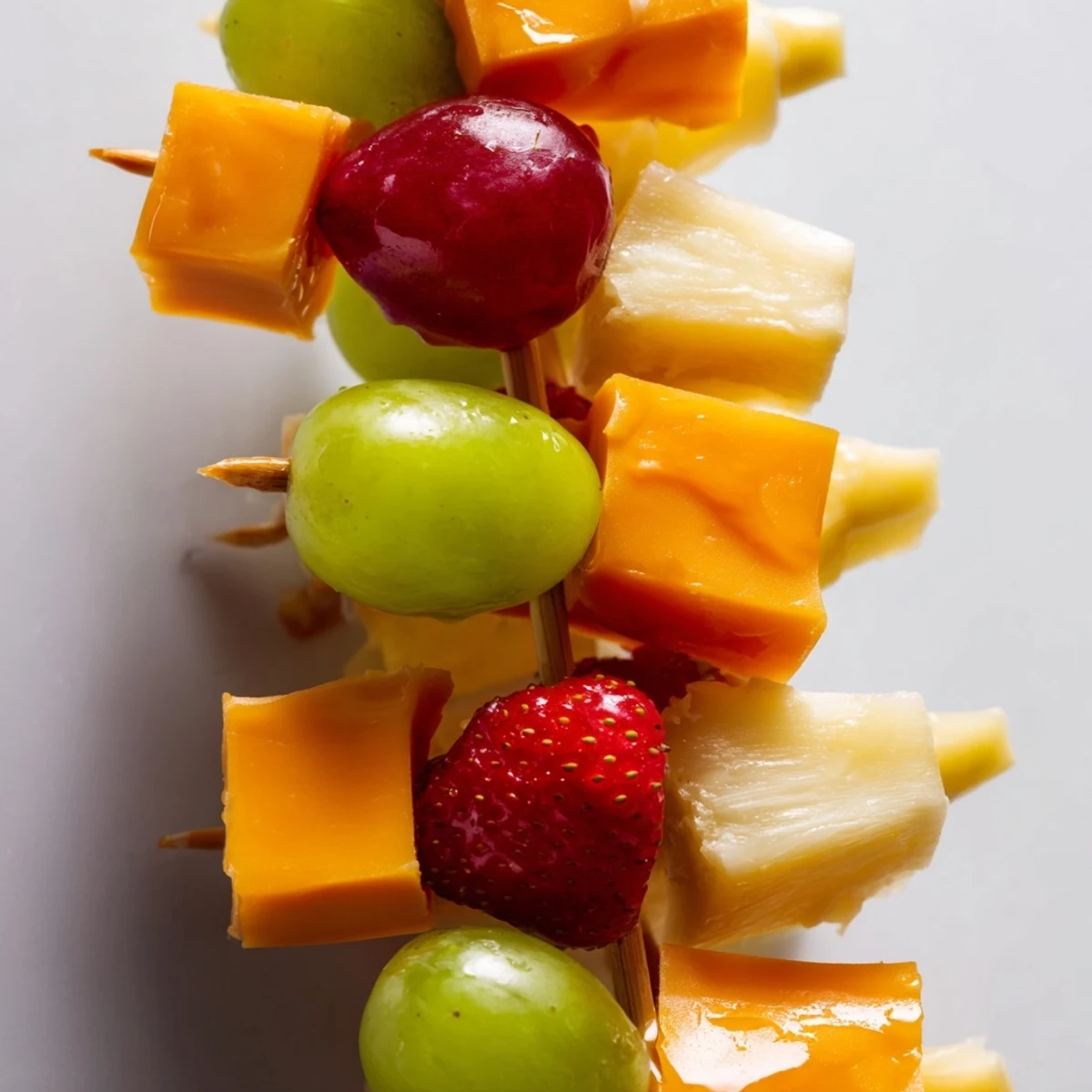 Colorful fruit and cheese kabobs arranged on a platter with grapes strawberries pineapple and cheddar cubes