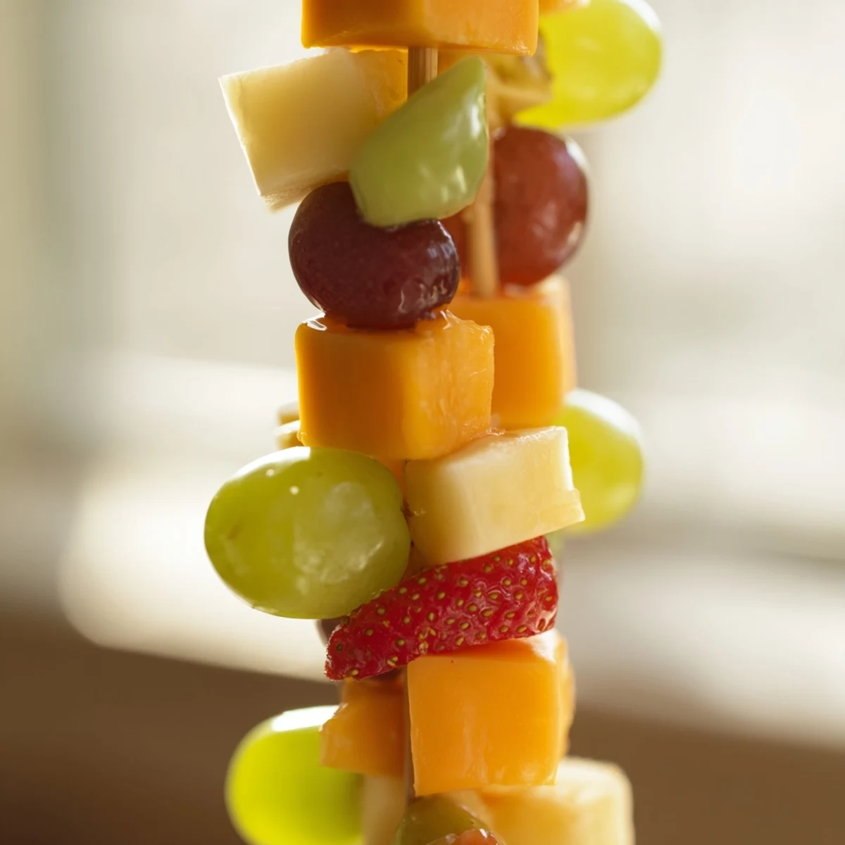 Juicy grapes and creamy cheese cubes threaded on wooden skewers for easy party appetizer