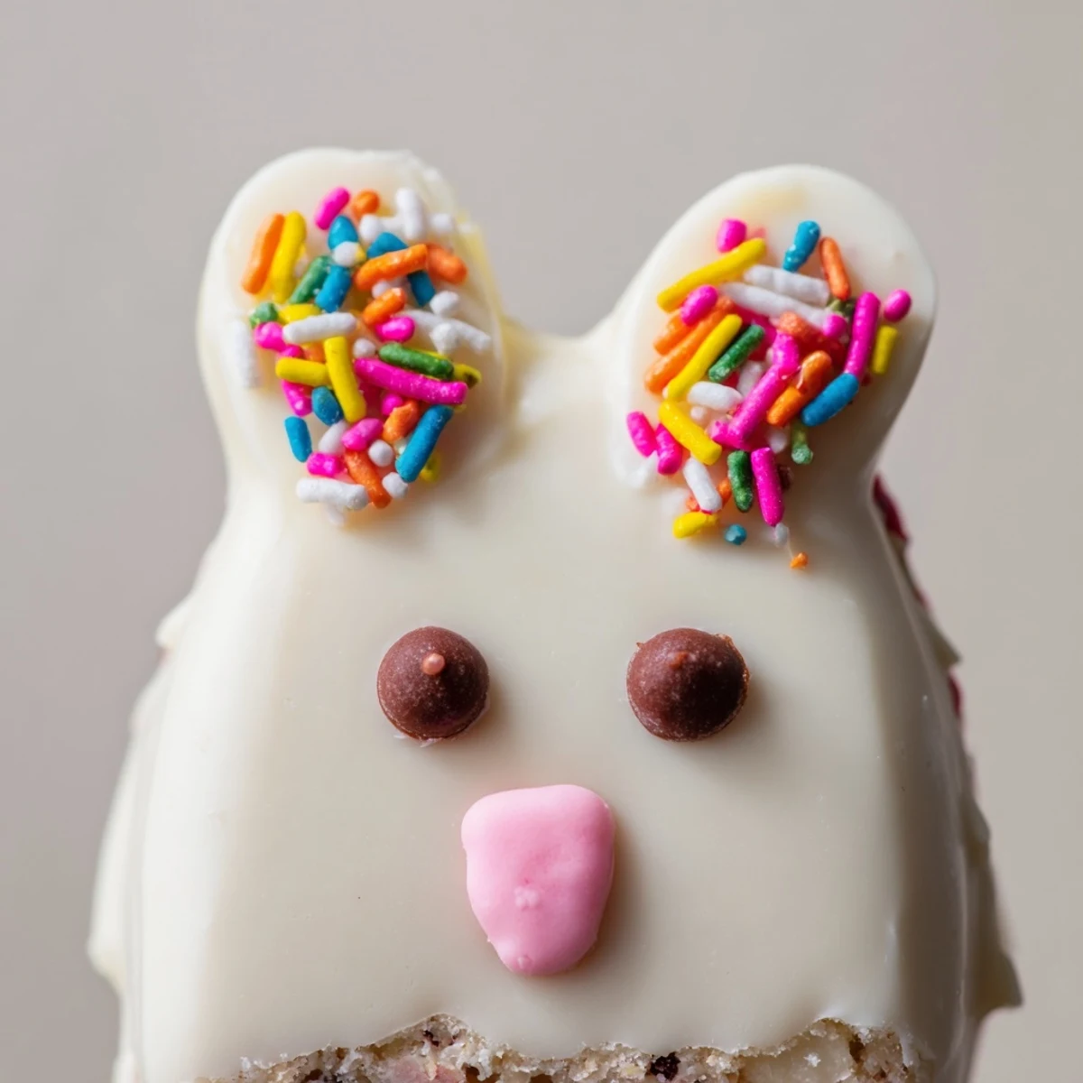 Adorable white chocolate bunny cakesicles with candy eyes on a festive Easter dessert tray