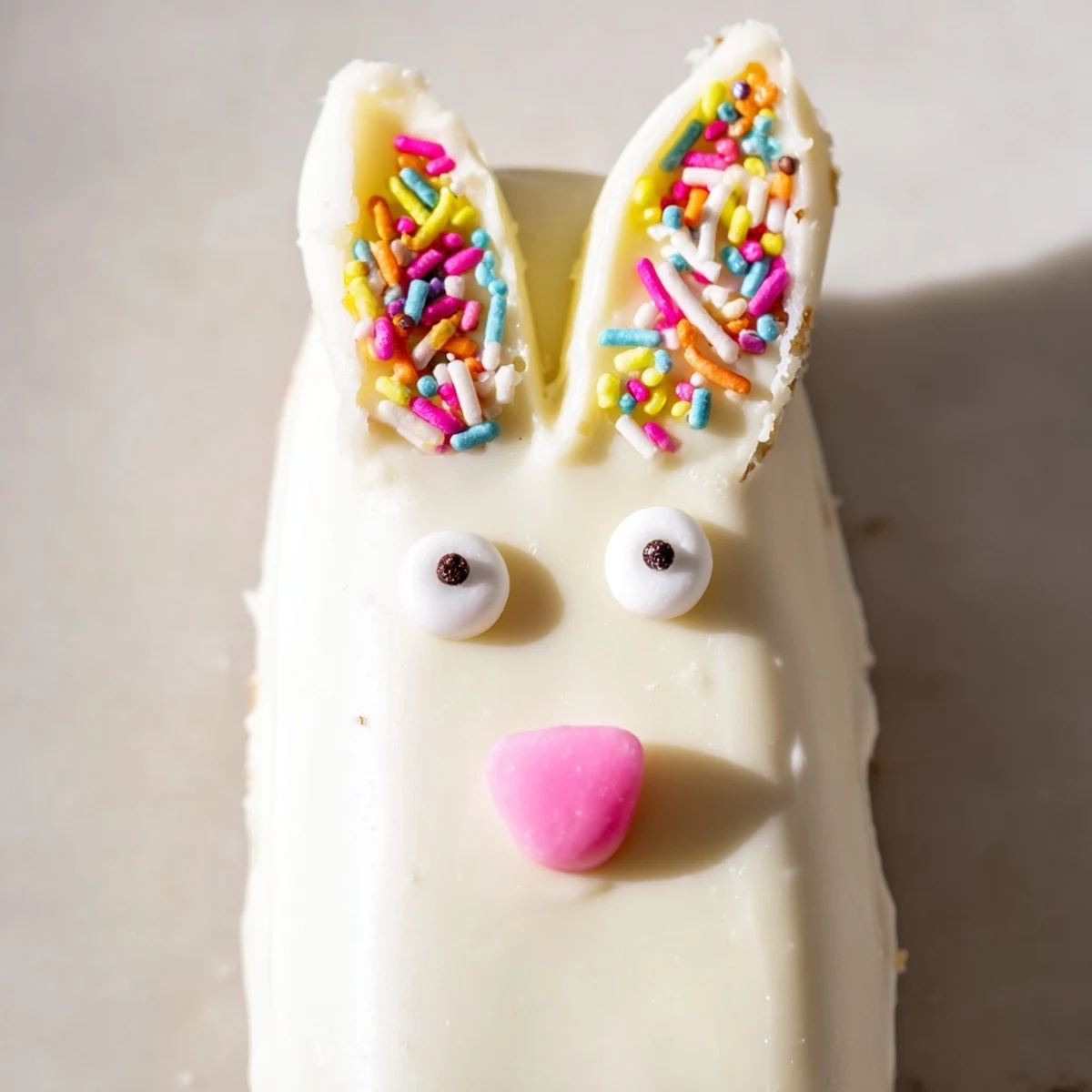 Creamy white chocolate bunny cakesicles decorated with pink ears and colorful spring sprinkles