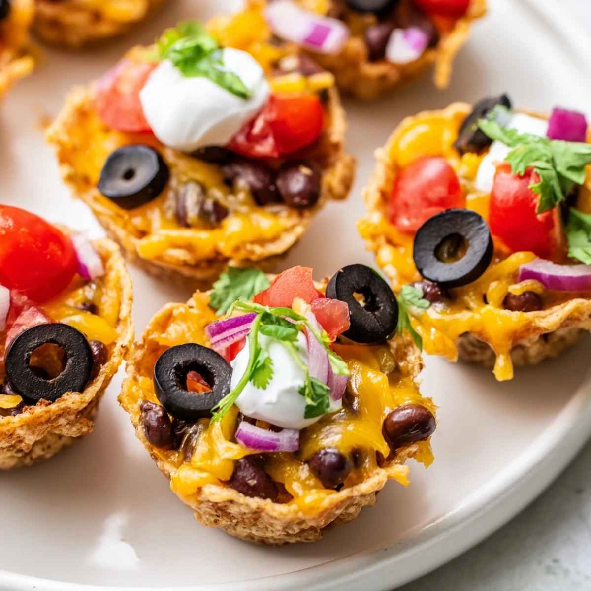 Crispy tortilla cups overflowing with gooey melted cheese and zesty garnishes for game day snacking
