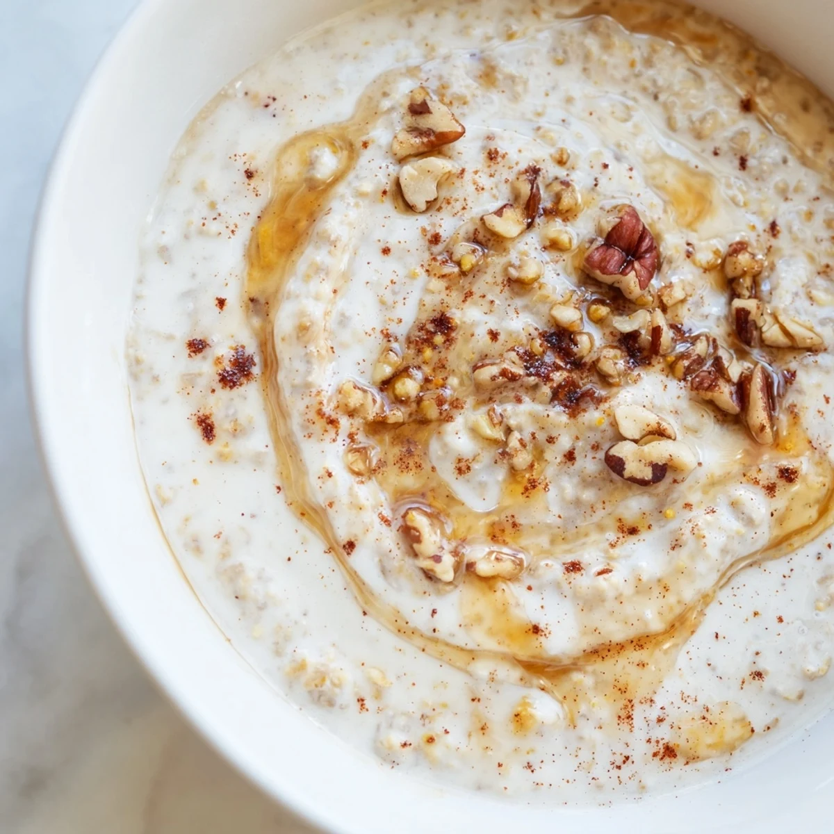 Creamy maple cinnamon pecan overnight oats topped with crunchy nuts in a mason jar