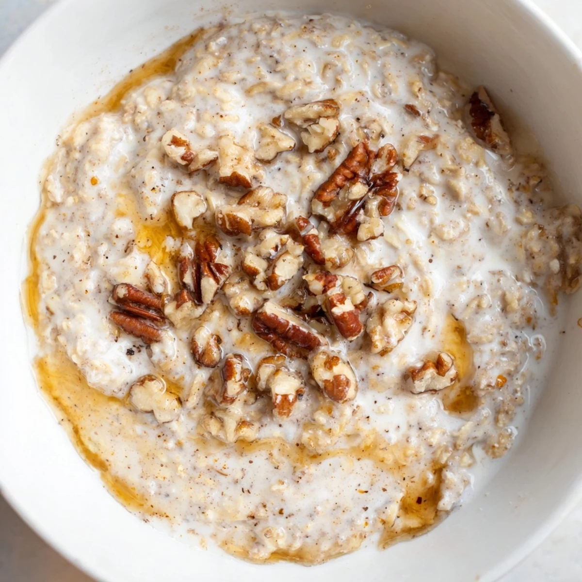 Maple cinnamon pecan overnight oats served cold with a drizzle of sweet syrup