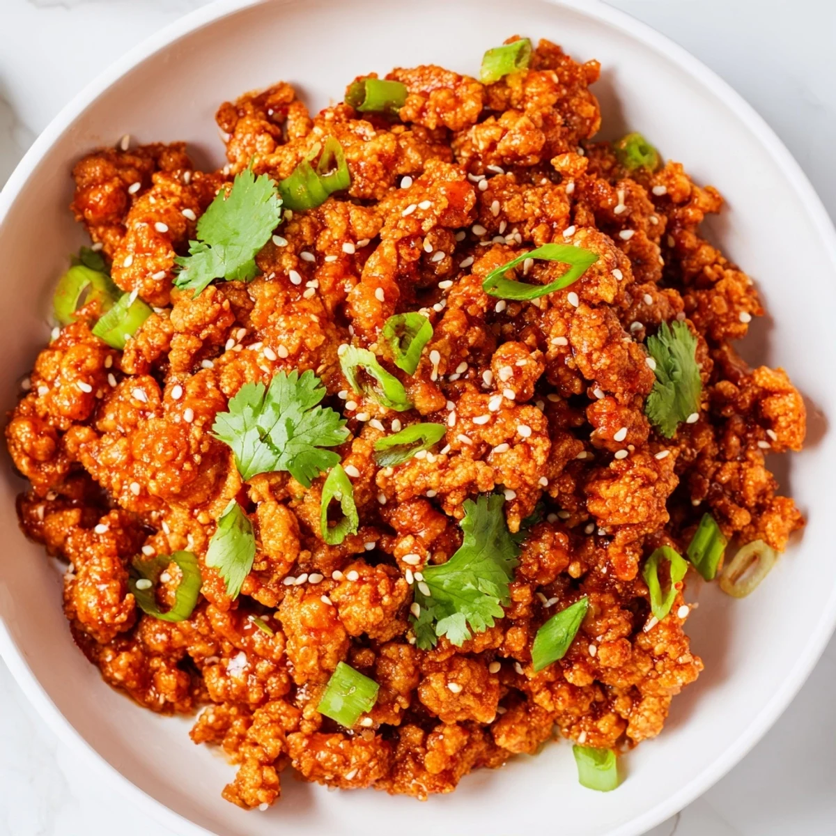Firecracker ground chicken bowls topped with fresh cucumber carrots and sesame seeds