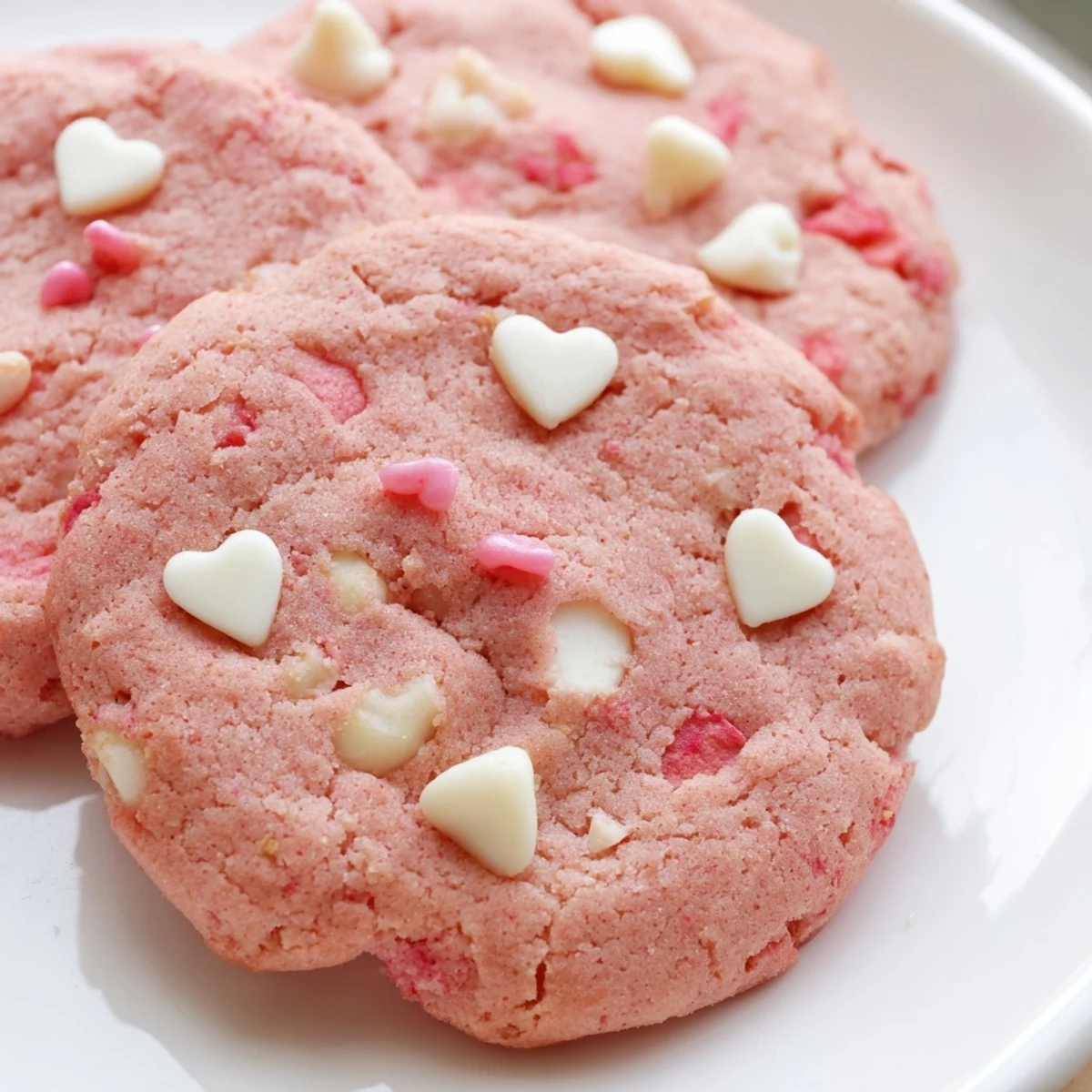 Soft pink Valentine Strawberry Cookies with white chocolate chips on a rustic baking sheet