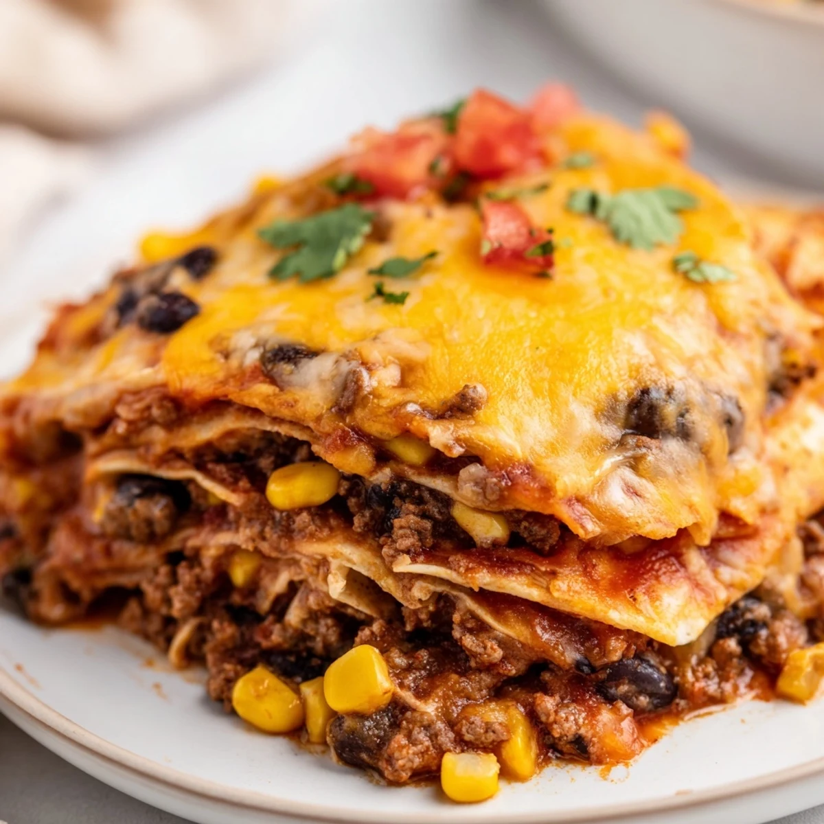 Baked Beef Enchilada Casserole with bubbling golden cheese and rich red enchilada sauce