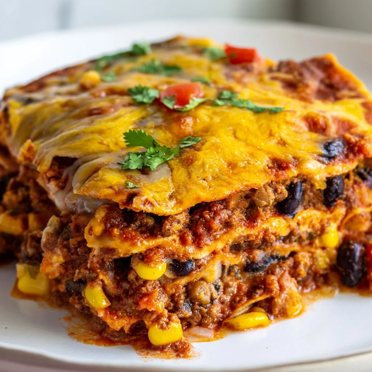 Layered Baked Beef Enchilada Casserole topped with melted cheddar and fresh cilantro garnish