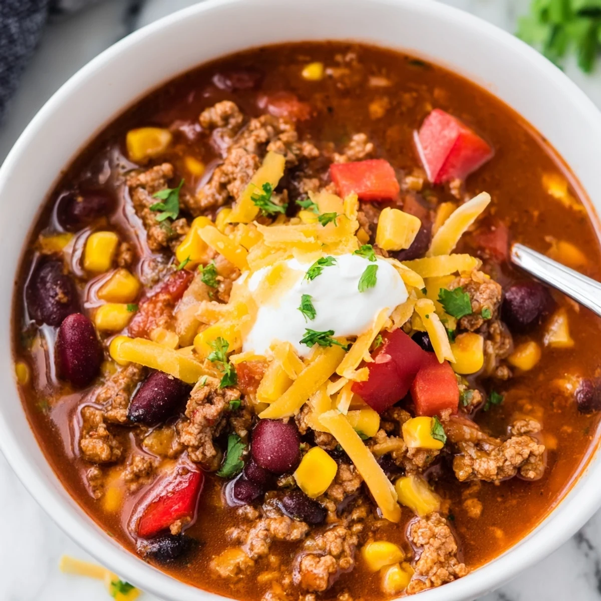 Steaming bowl of crockpot ground beef taco soup topped with melted shredded cheese