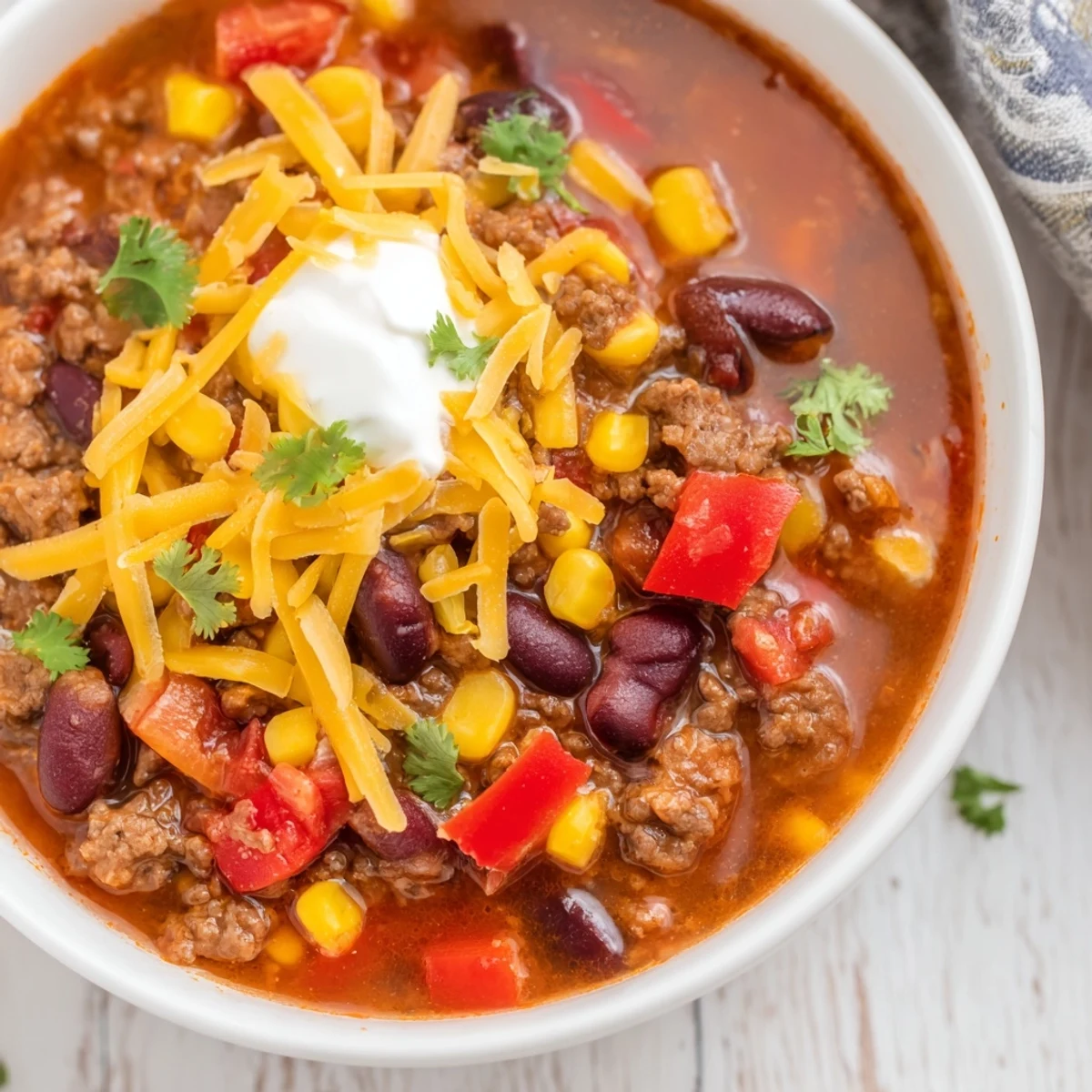 Hearty crockpot ground beef taco soup loaded with tender beans and sweet corn