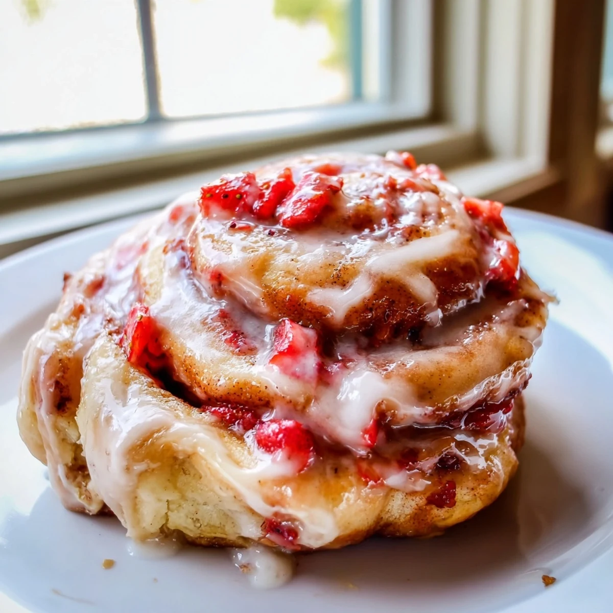 Golden strawberry cinnamon rolls dripping with cream cheese glaze on a white plate
