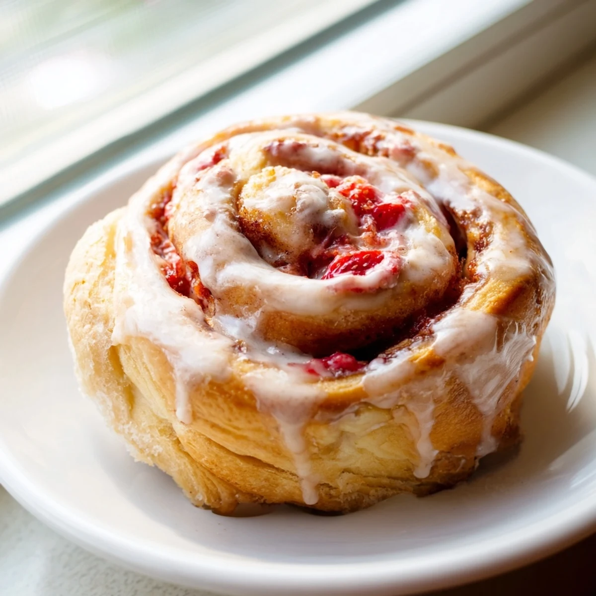 Fresh strawberry cinnamon rolls with swirled filling and creamy icing ready to serve