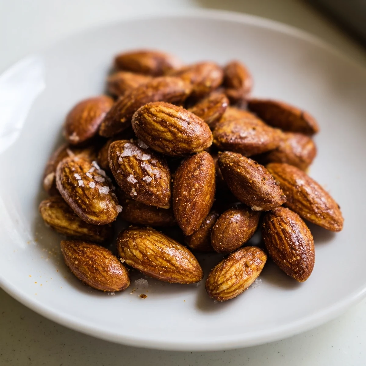 Golden roasted almonds sprinkled with sea salt in a rustic ceramic bowl