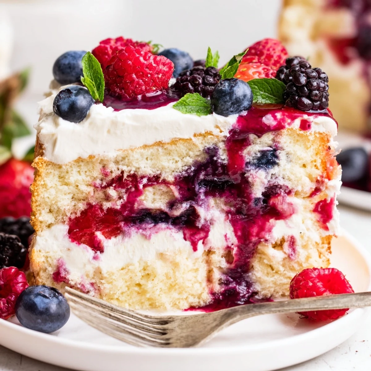 Moist summer berry poke cake topped with fluffy whipped cream and fresh berries