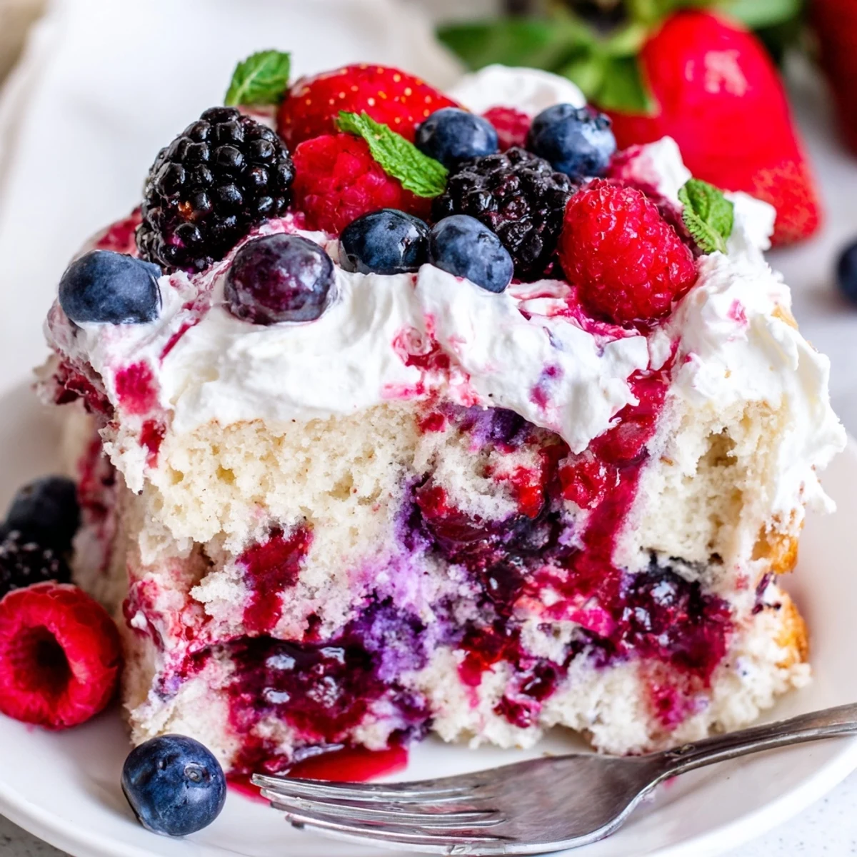 A slice of summer berry poke cake drizzled with vibrant jewel-toned berry sauce