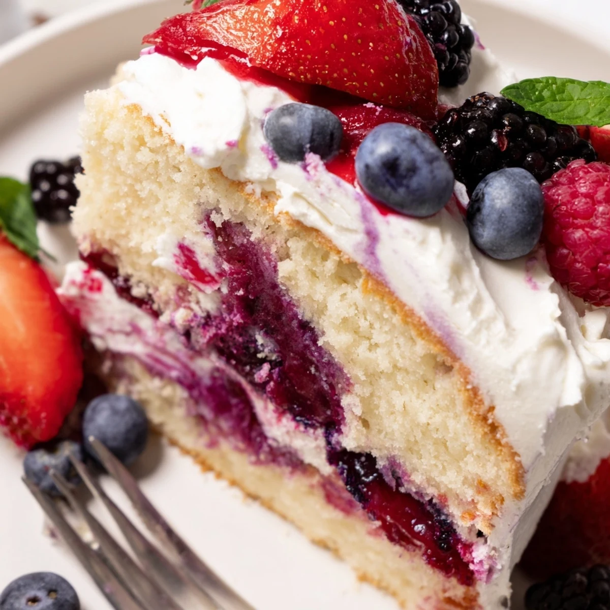 Chilled summer berry poke cake in a glass baking dish garnished with mint leaves