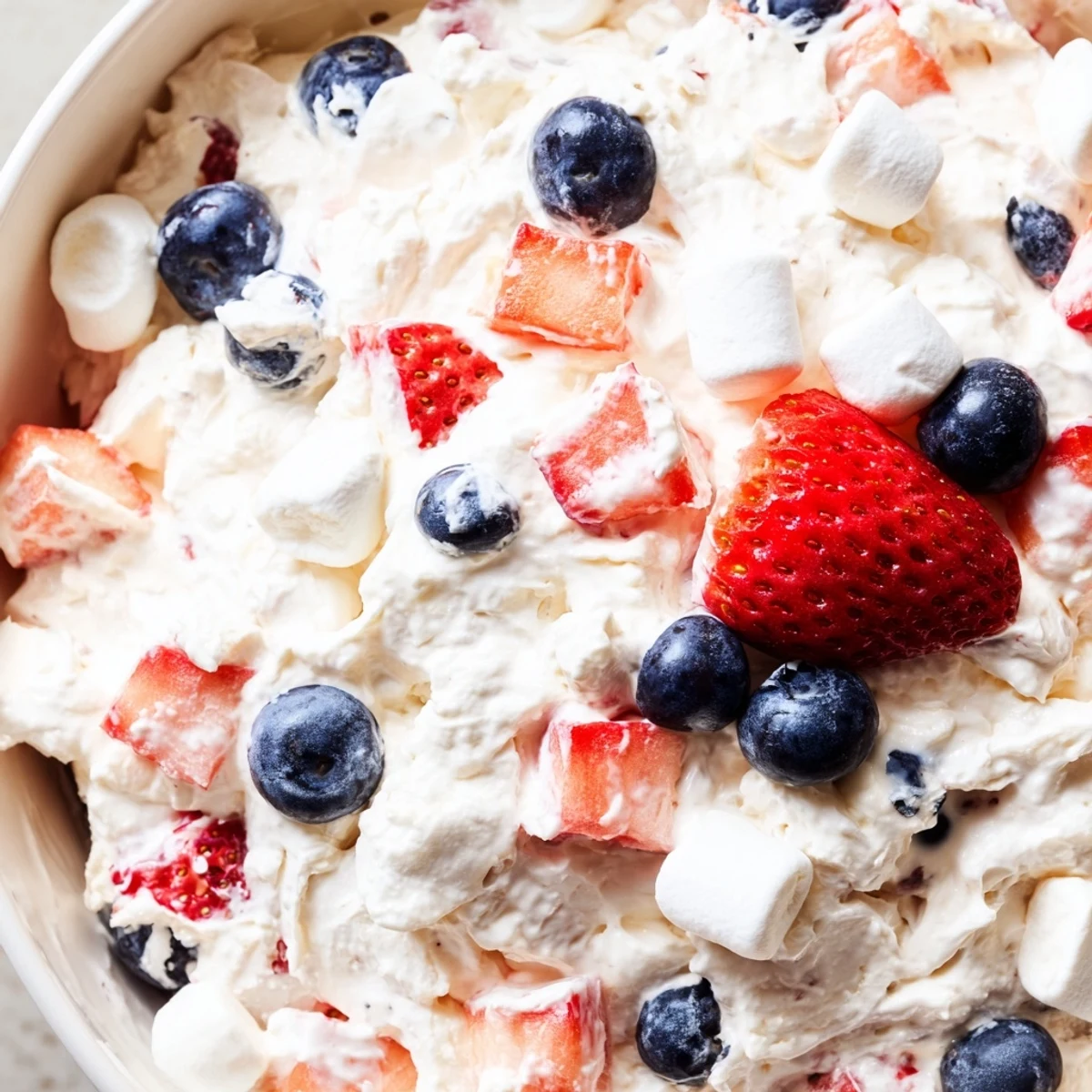 Lush red white blue cheesecake salad swirled with plump berries and fluffy mini marshmallows served chilled