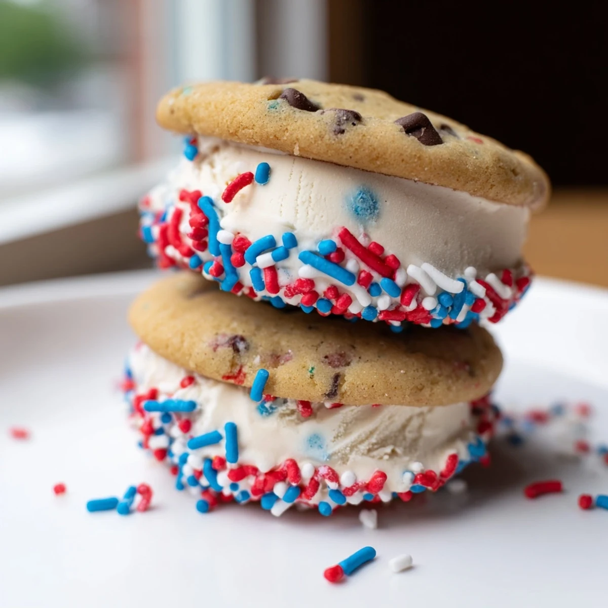 Mini ice cream sandwiches coated in red white and blue sprinkles on a parchment-lined tray