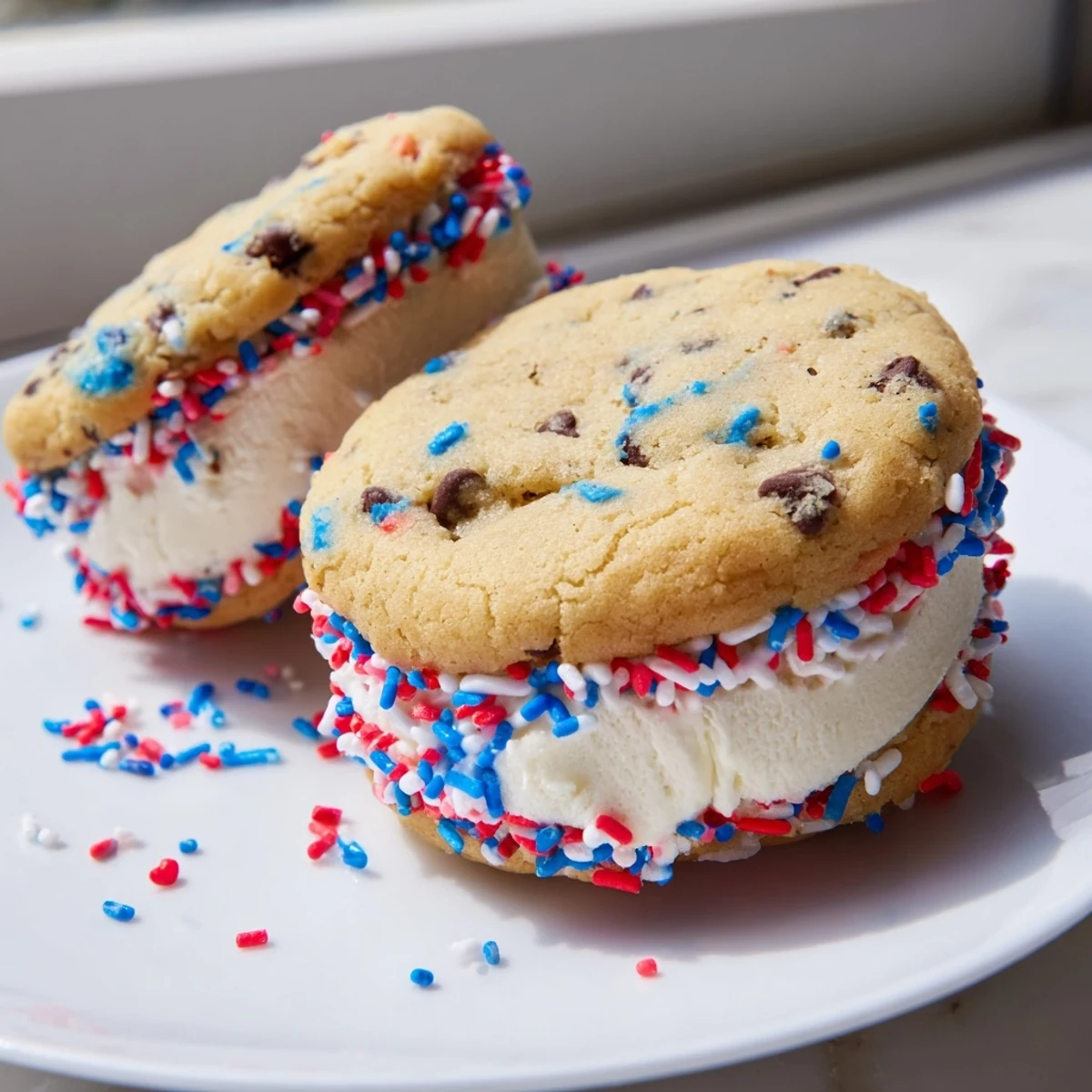 Bite-sized patriotic mini ice cream sandwiches with colorful sprinkles ready for a summer party