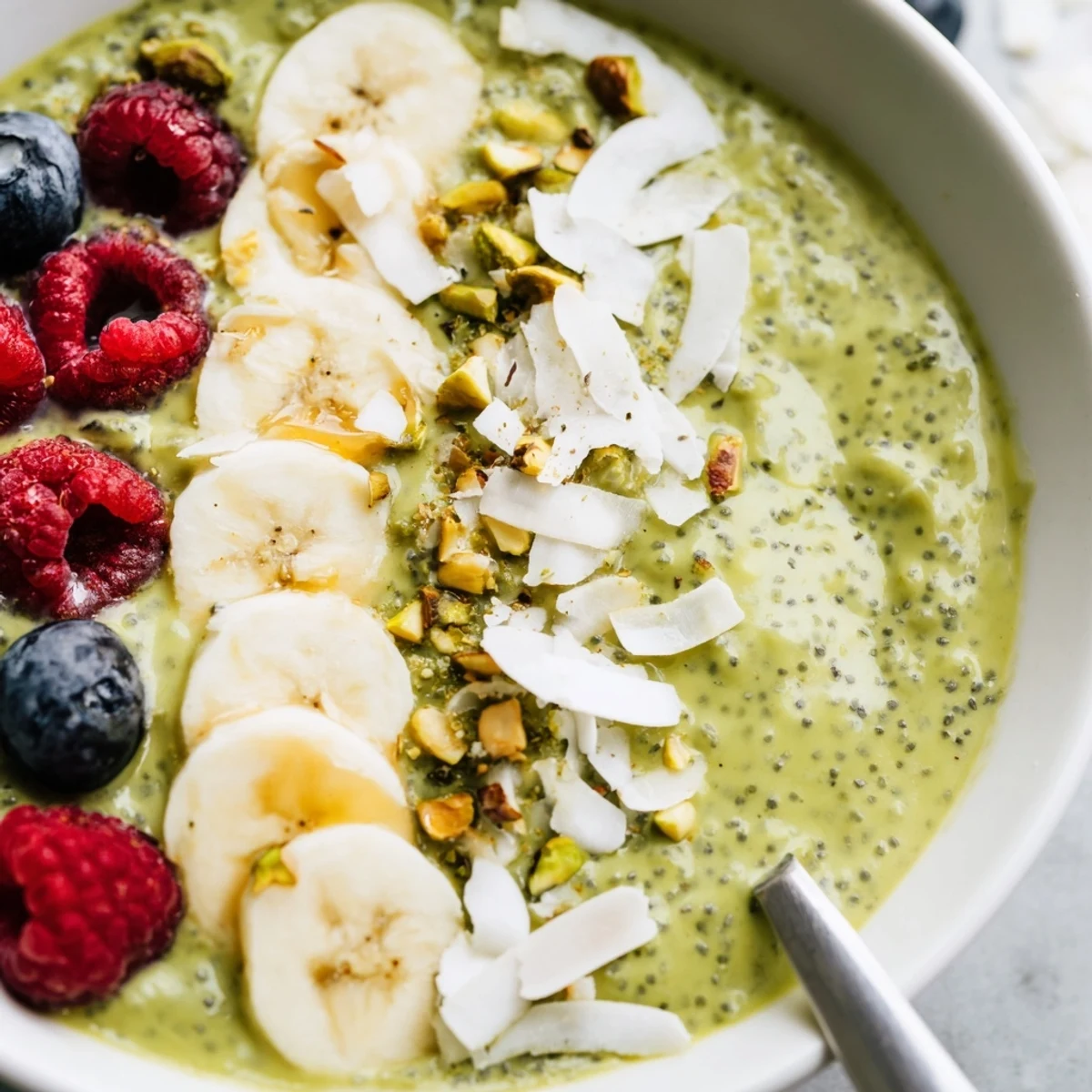 Vibrant green matcha overnight oats served in mason jars with toasted coconut and chopped pistachios