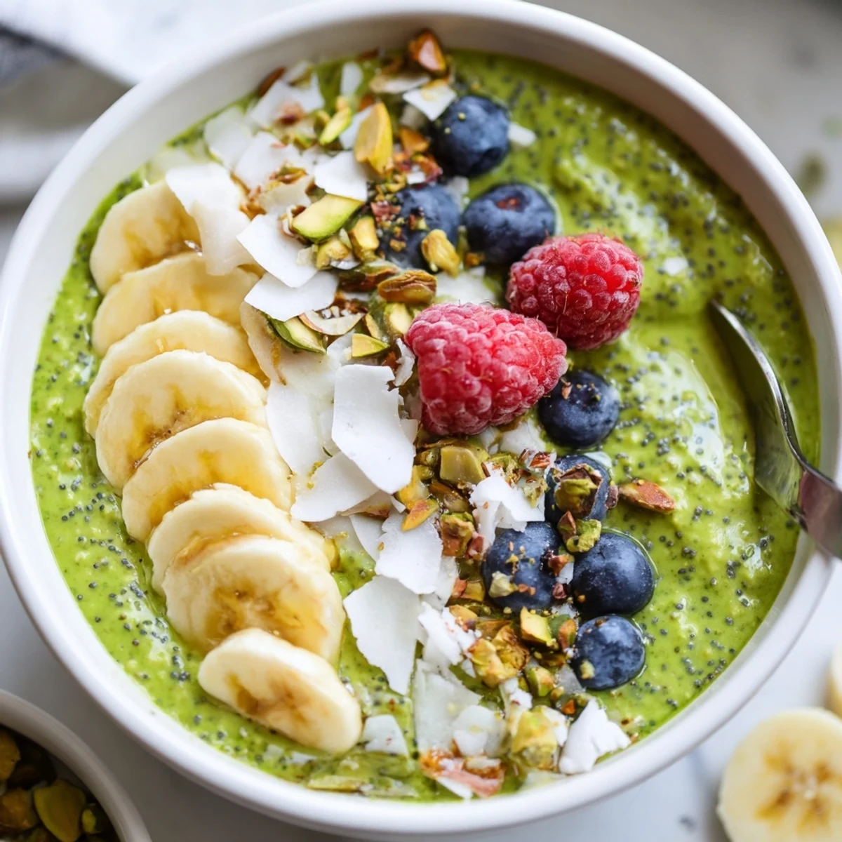 Creamy matcha overnight oats topped with sliced banana and fresh berries in a glass jar