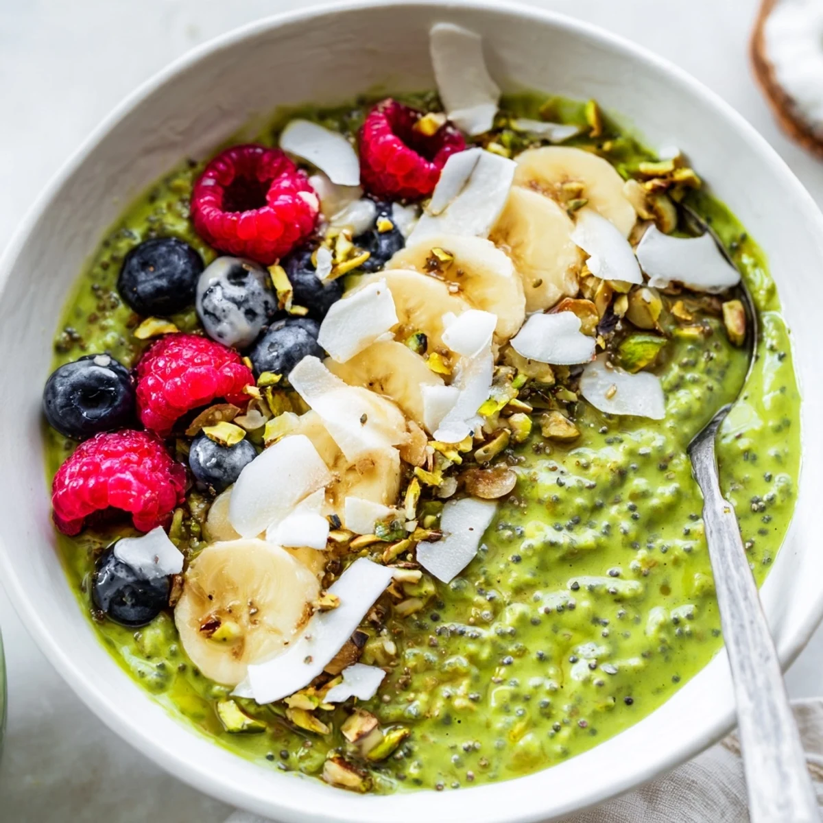 Thick and luscious matcha overnight oats garnished with crunchy almonds and a drizzle of honey