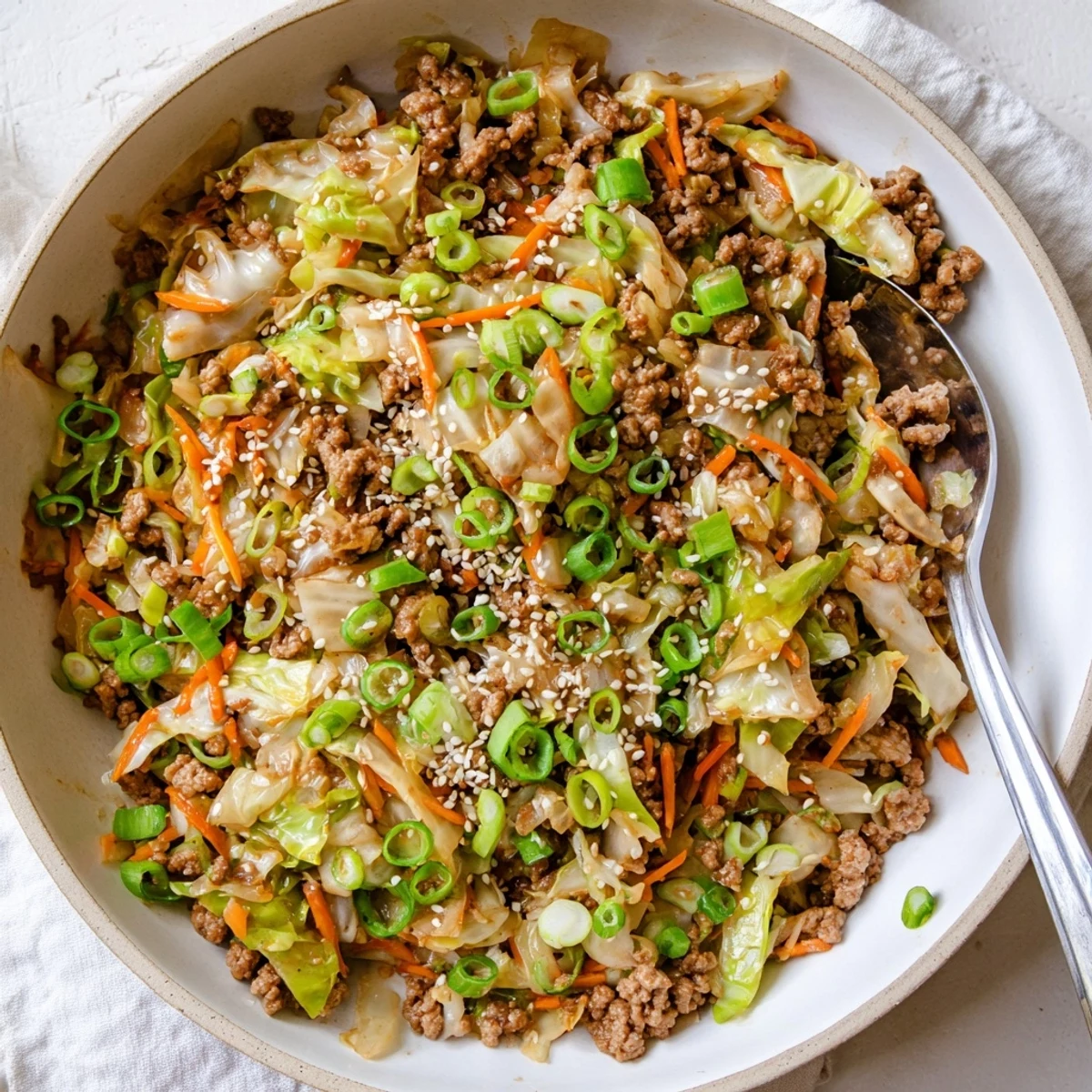 Garnished keto egg roll in a bowl showing shredded carrots, sesame seeds, and green onions.