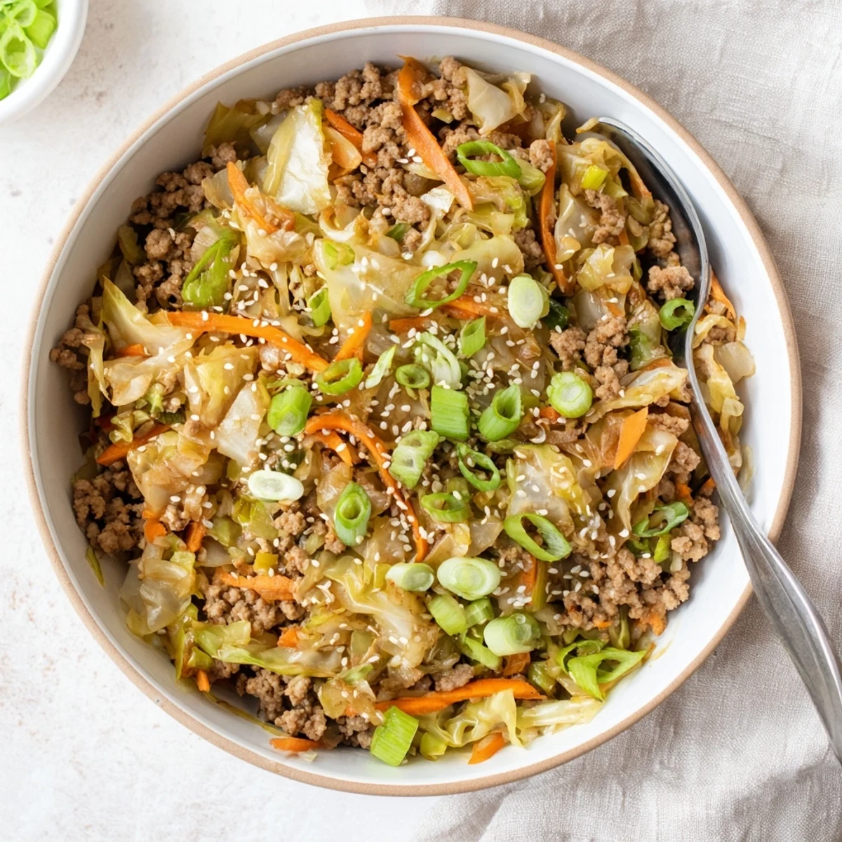 A steaming bowl of keto egg roll in a bowl with browned pork and tender cabbage.