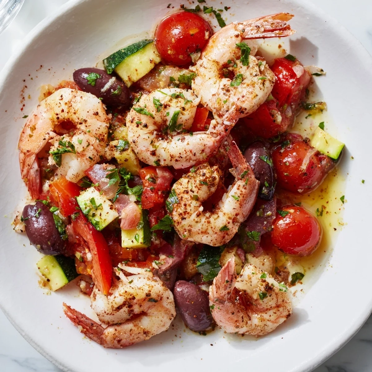 Sizzling one-pan Mediterranean Shrimp Skillet garnished with fresh parsley and bright lemon wedges