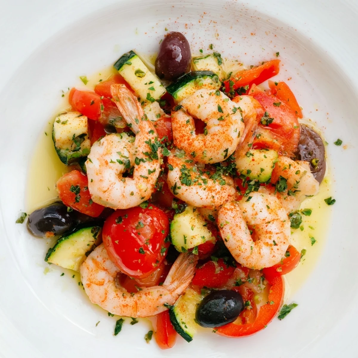 Golden pan-seared shrimp nestled among burst cherry tomatoes and Kalamata olives in a Mediterranean Shrimp Skillet