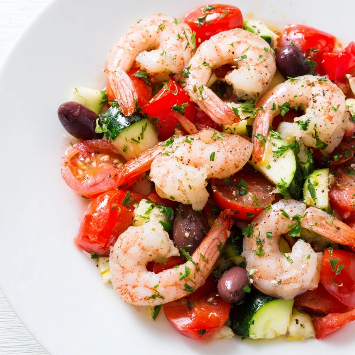 Juicy pink shrimp over tender zucchini and red pepper in this easy Mediterranean Shrimp Skillet