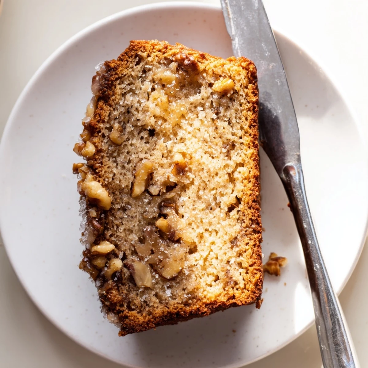 Golden banana nut bread loaf sliced on a rustic cutting board with scattered walnuts