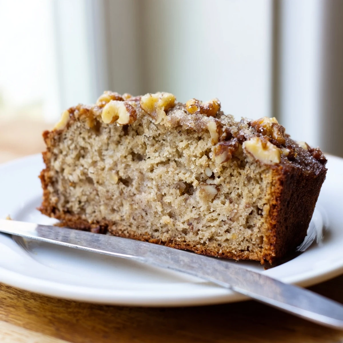 Warm slice of banana nut bread topped with melted butter on a white plate