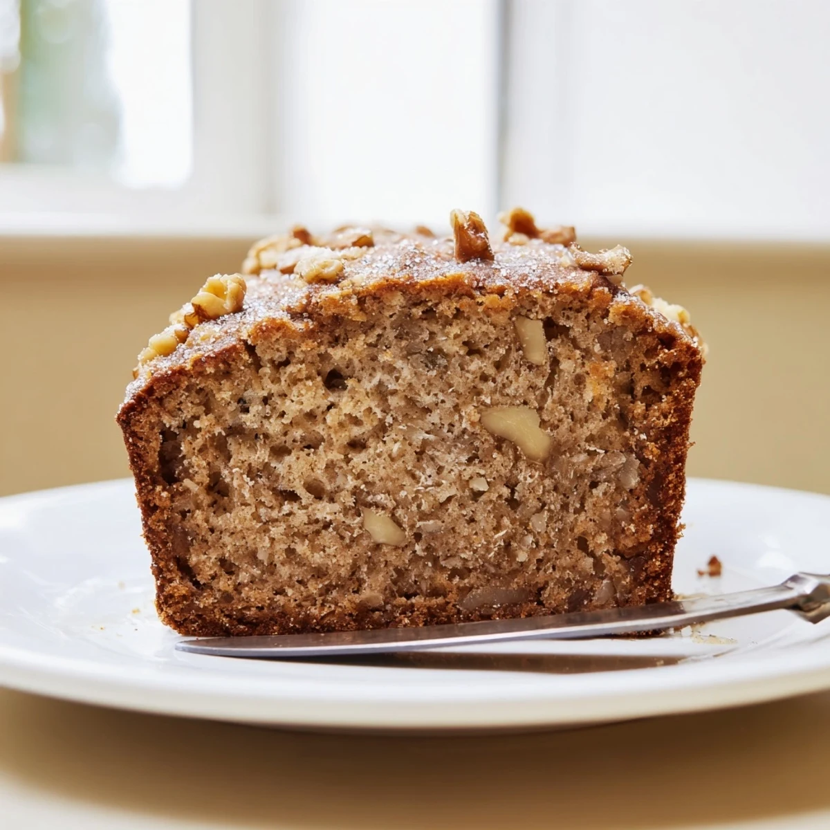 Moist banana nut bread studded with crunchy walnuts, freshly baked in a loaf pan