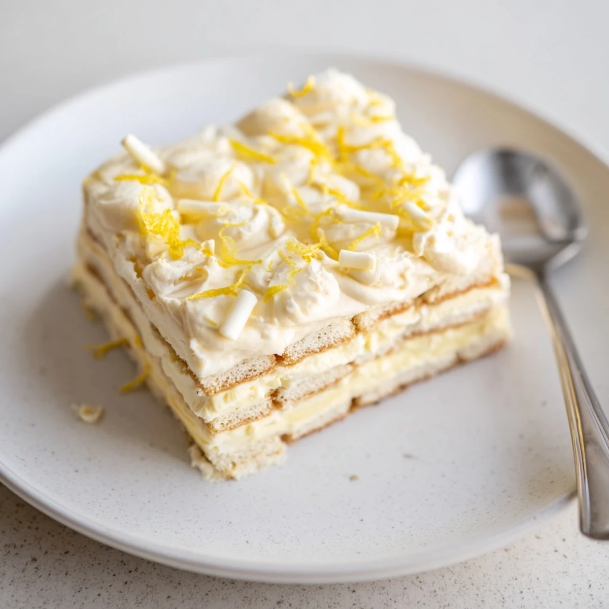 No-bake lemon tiramisu sliced into squares with white chocolate curls on top.
