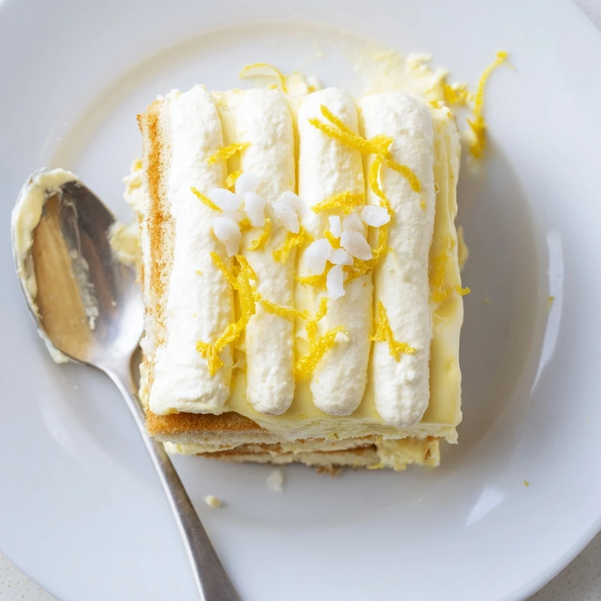 Zesty lemon tiramisu with golden ladyfingers peeking through smooth mascarpone cream layers.