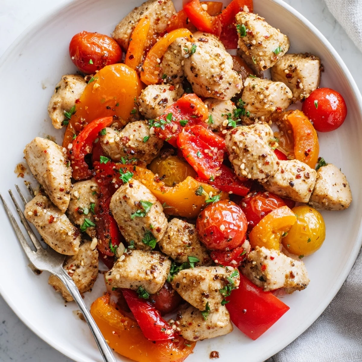 Golden brown chicken and colorful vegetables sizzling in a quick flavorful one pan dish