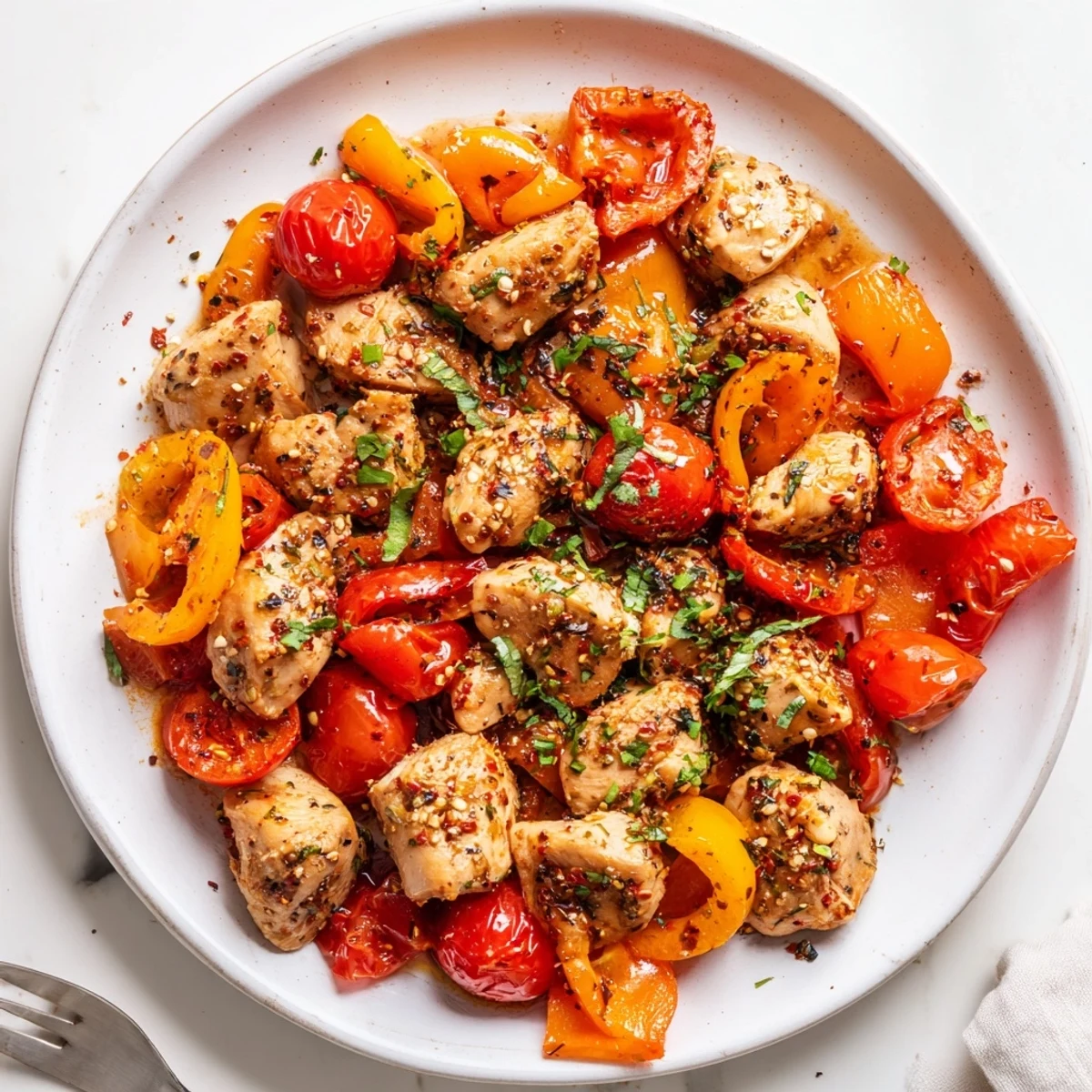 A steaming skillet of quick flavorful one pan dish topped with fresh parsley and lemon