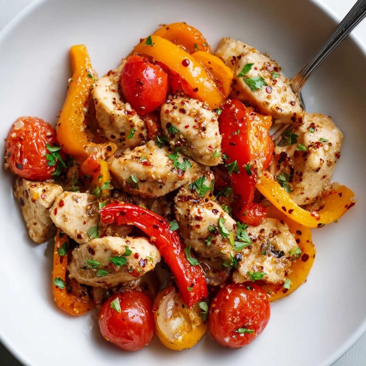 Juicy seasoned chicken with tender bell peppers and zucchini in this quick flavorful one pan dish