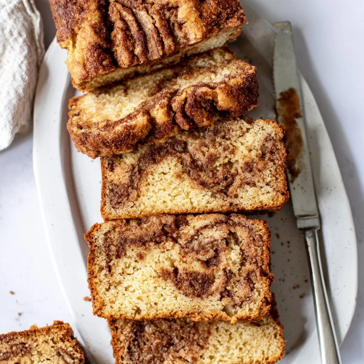 A freshly baked snickerdoodle banana bread loaf glistening with a crackly cinnamon-sugar topping on a wire rack.
