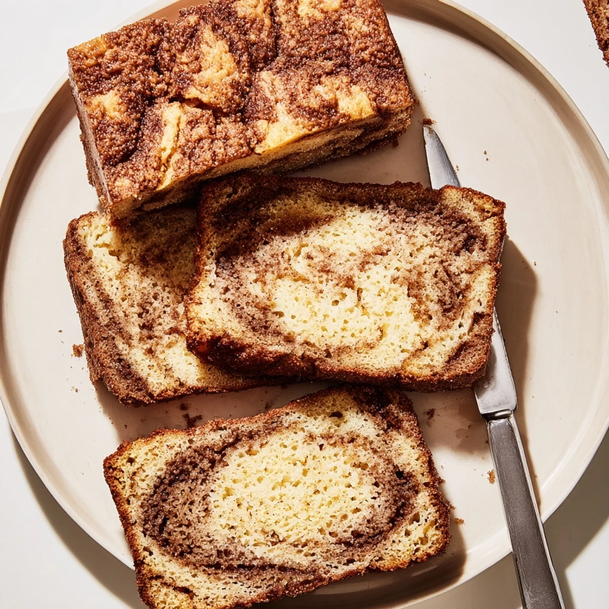Golden slices of snickerdoodle banana bread with a warm cinnamon-sugar swirl on a rustic cutting board.
