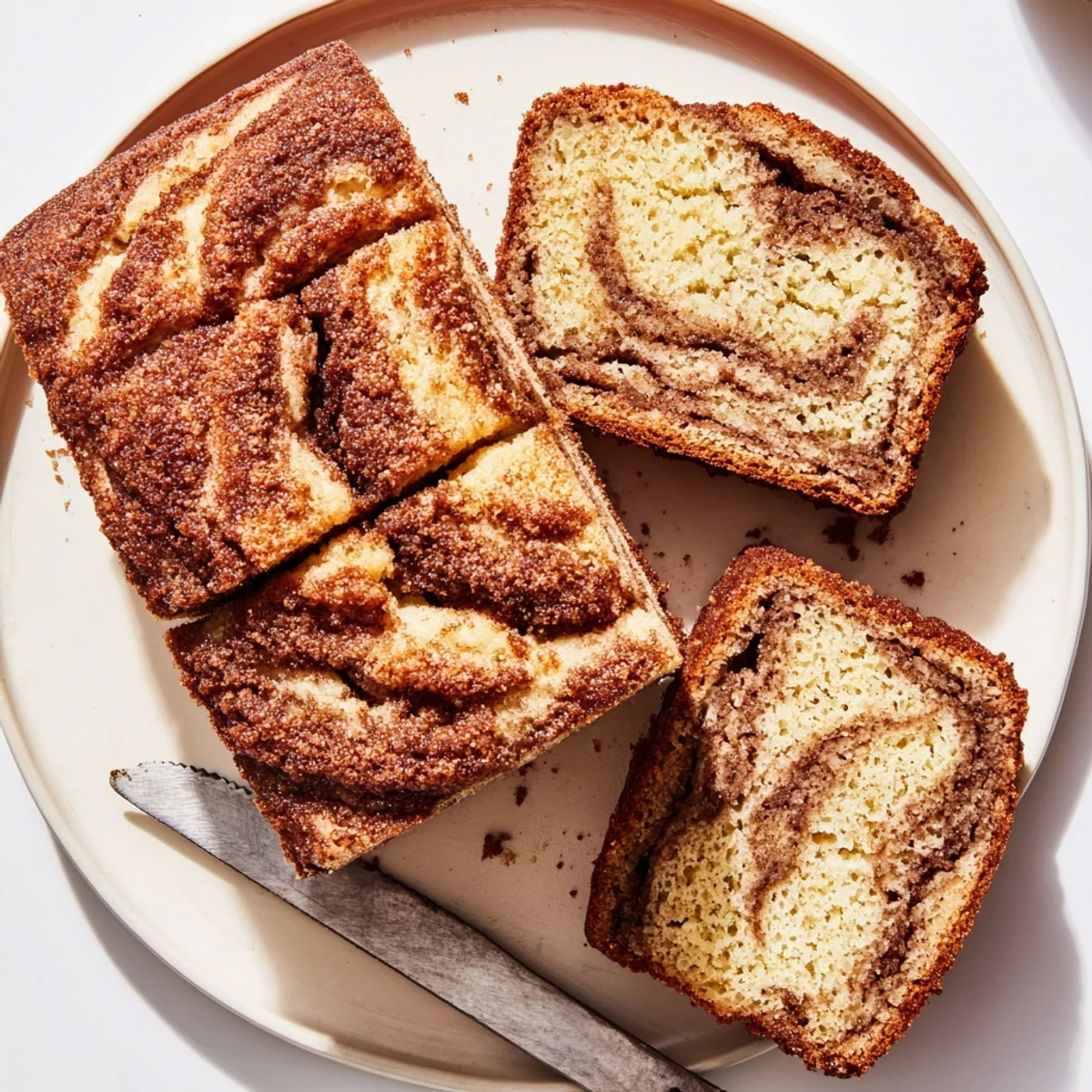 Thick slice of moist snickerdoodle banana bread swirled with cinnamon sugar, served warm with melted butter.