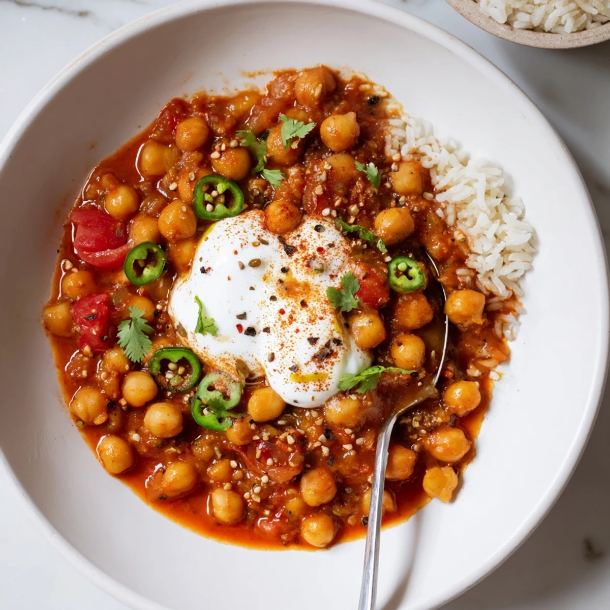 Creamy Greek Yogurt Chickpea Curry steaming in skillet, garnished with cilantro.  