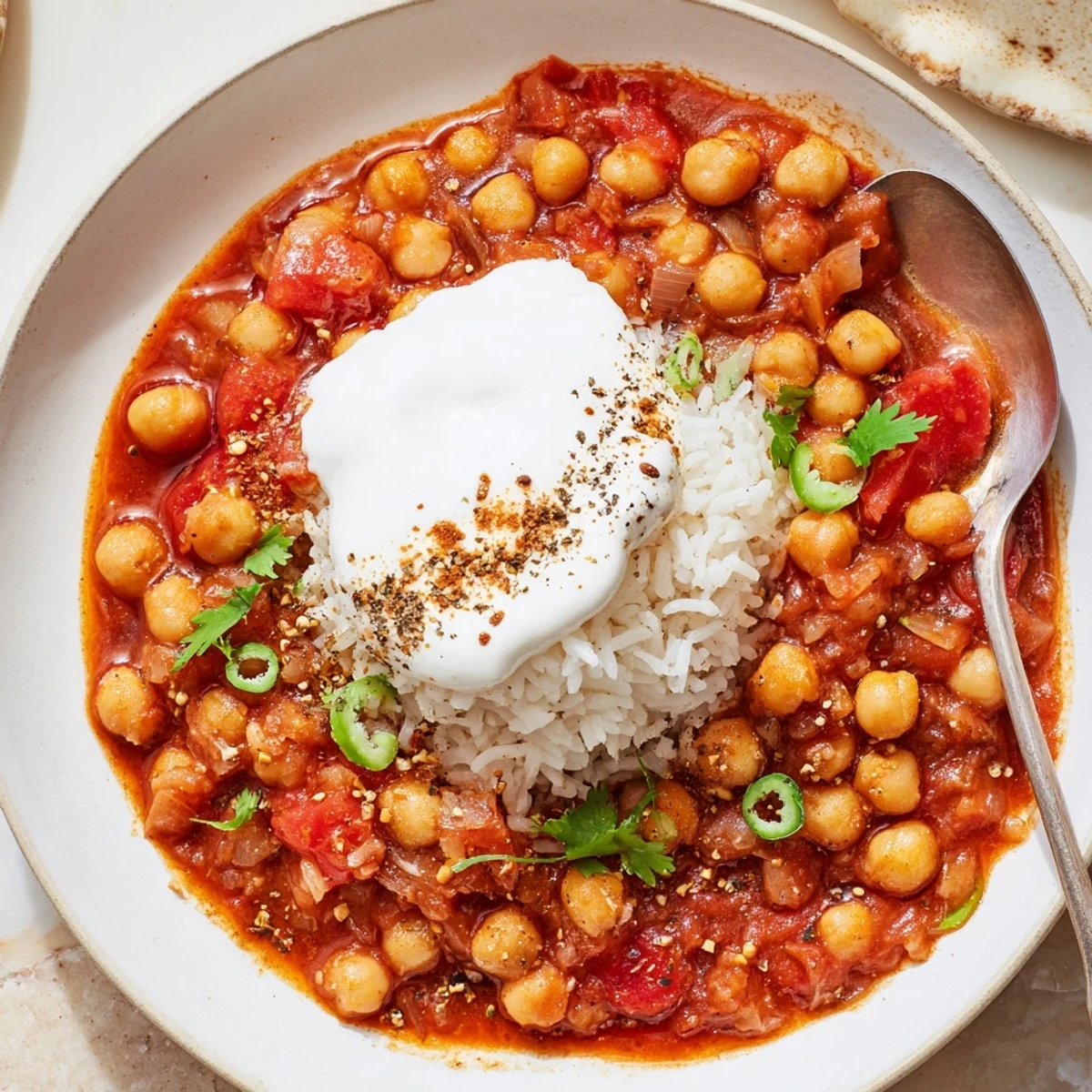 Warm Greek Yogurt Chickpea Curry with spiced tomato aroma, soft chickpeas visible.