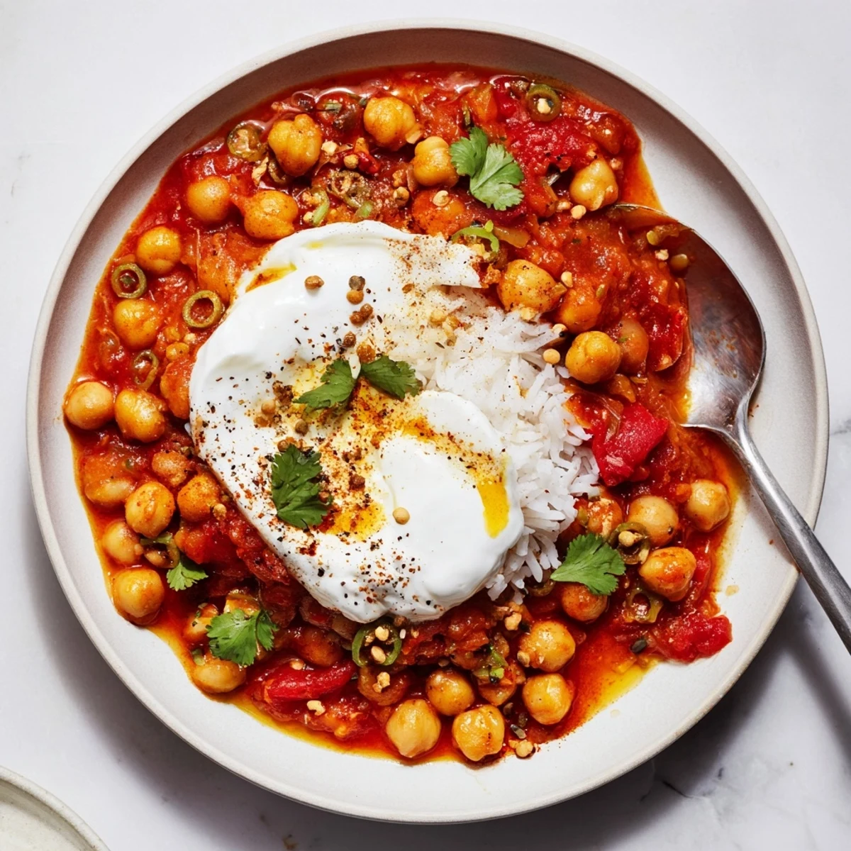 Hearty Greek Yogurt Chickpea Curry ladled over fluffy basmati rice, lemon wedge.  