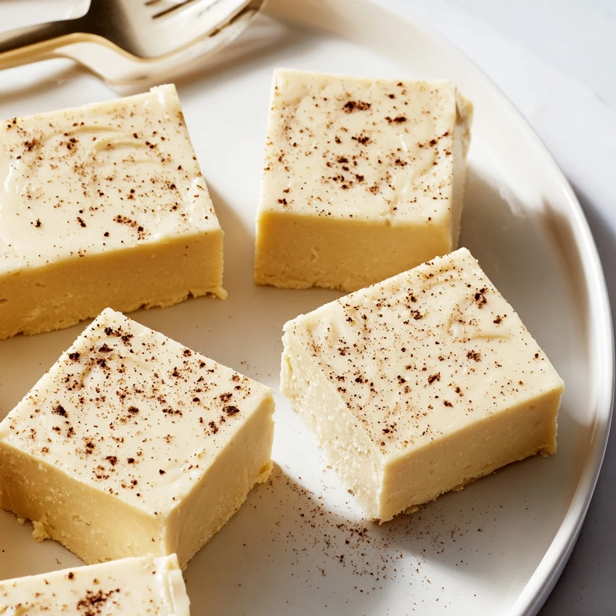 Creamy Eggnog Fudge squares dusted with grated nutmeg on parchment