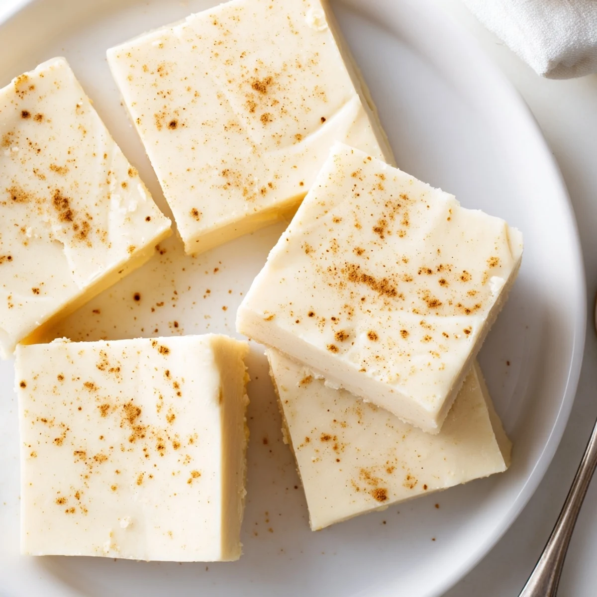 Rich Eggnog Fudge cut into bite-sized pieces, perfect for holiday gifting
