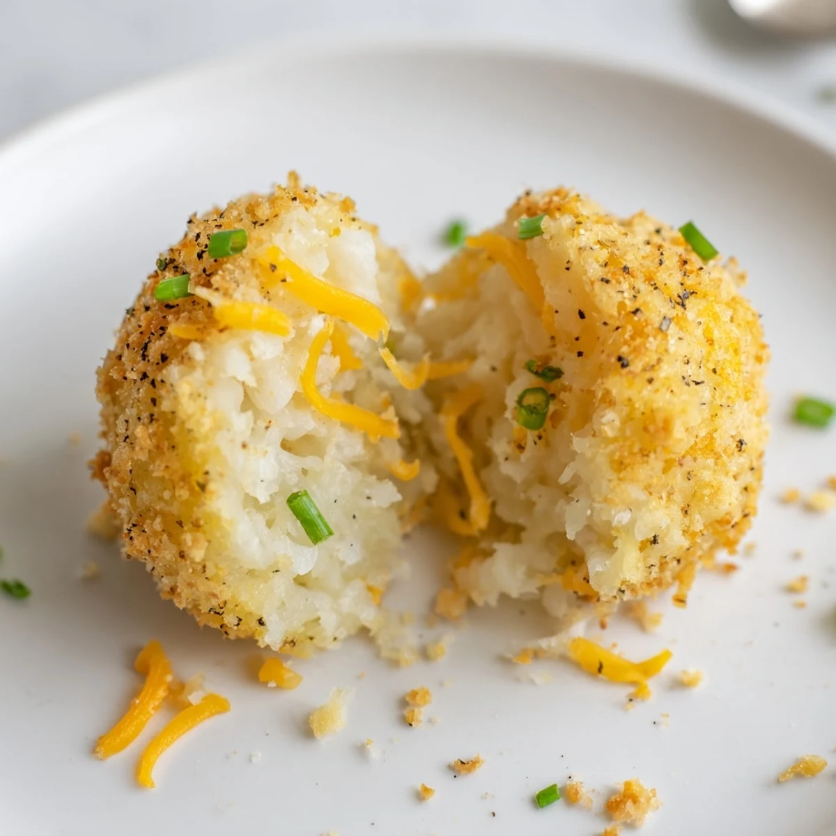 Fried Mashed Potato Balls glistening golden, crispy exterior with creamy cheddar center