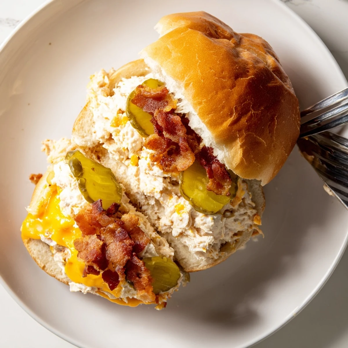 Homestyle Crack Chicken Sandwiches spooned from baking dish, creamy, ranch-scented filling